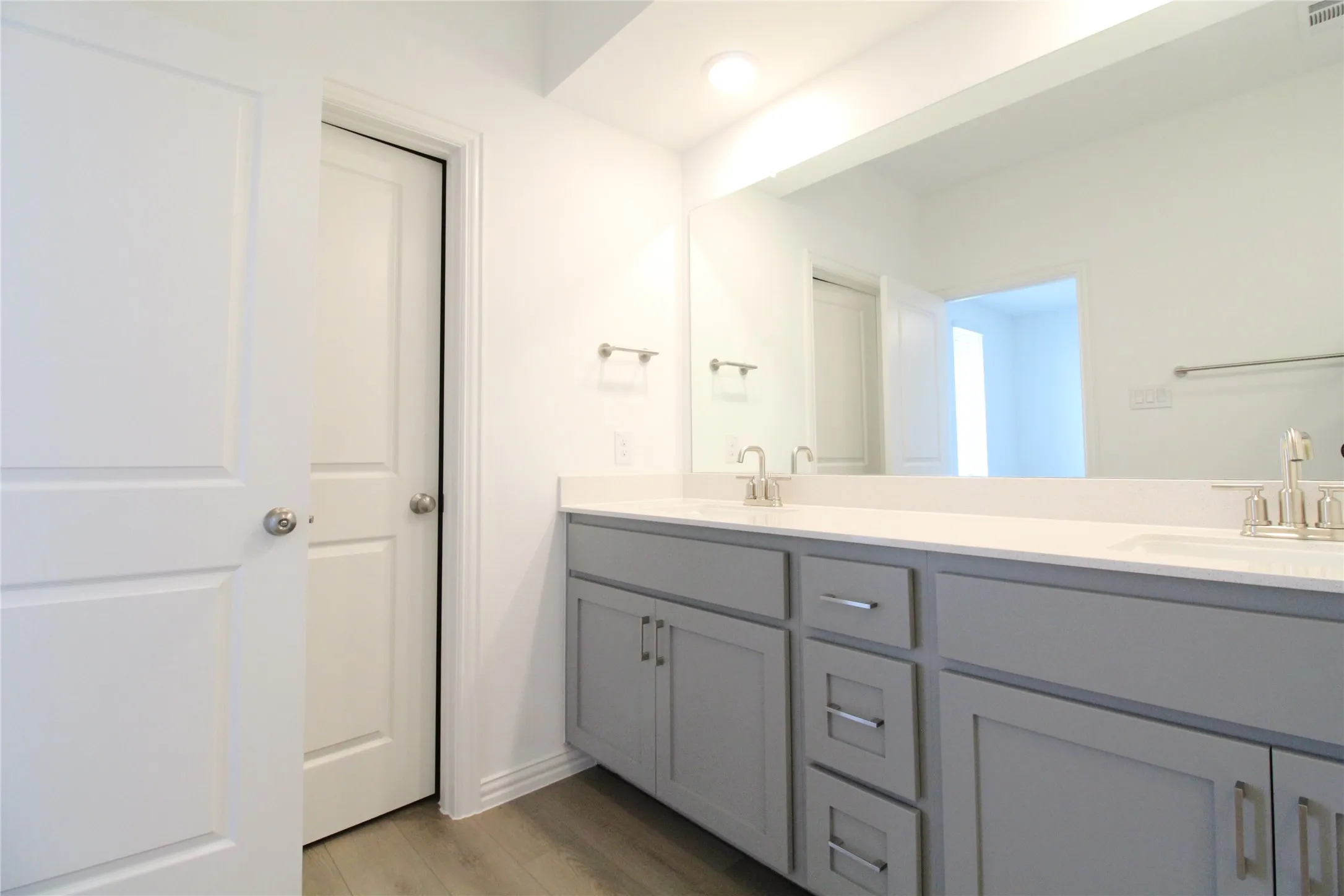 Dual sink vanity with light gray cabinetry, brushed nickel hardware, and a light-toned countertop