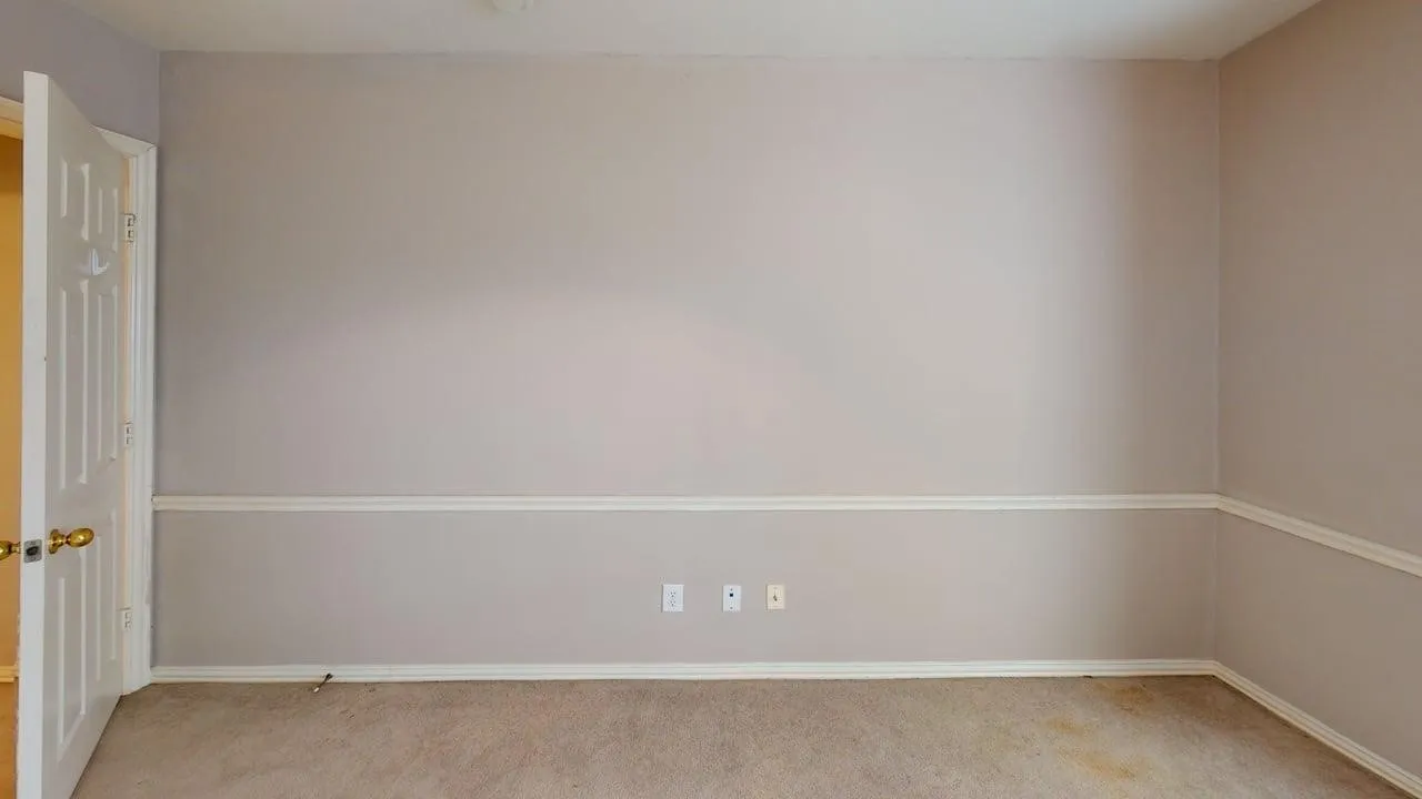 Wall-to-wall carpeting with light-toned walls featuring a chair rail molding