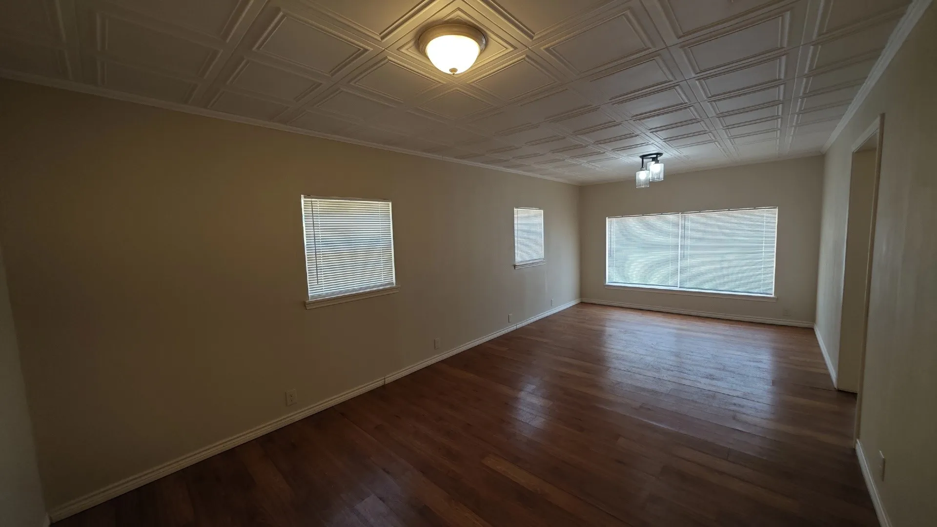 Hardwood flooring, textured ceiling with decorative panels, multiple windows with blinds, and flush-mount lighting fixtures