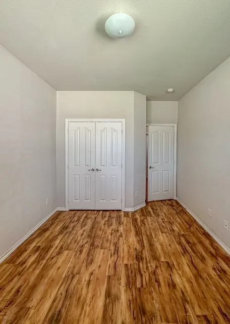 Wood-finish flooring with white trim, a flush-mount ceiling light, and white paneled doors