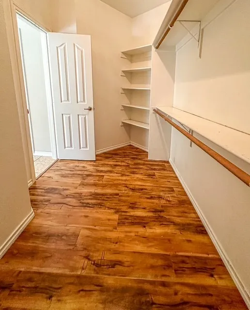 Walk-in closet featuring wood-finish flooring, built-in shelving, and hanging rods