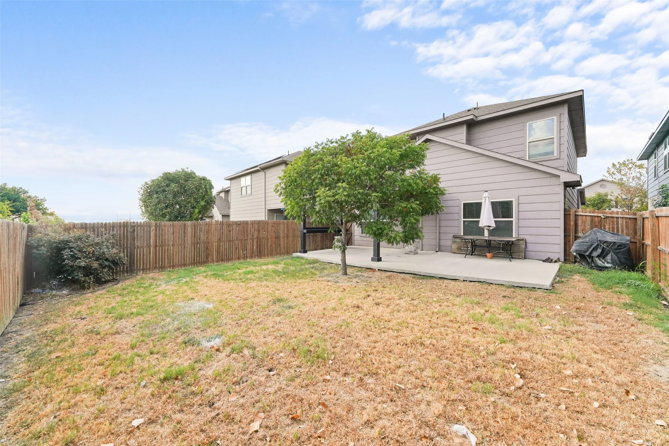 Fenced backyard featuring a concrete patio, mature tree, and privacy fencing