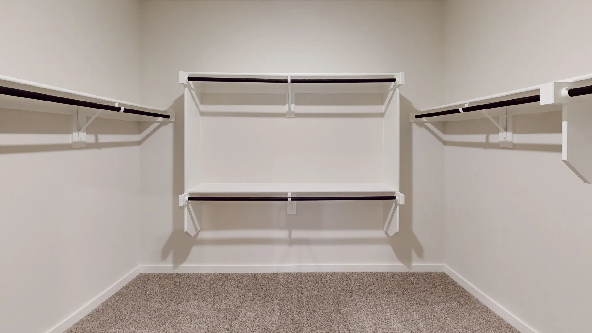 Walk-in closet with carpet flooring, white shelving, and multiple clothing rods