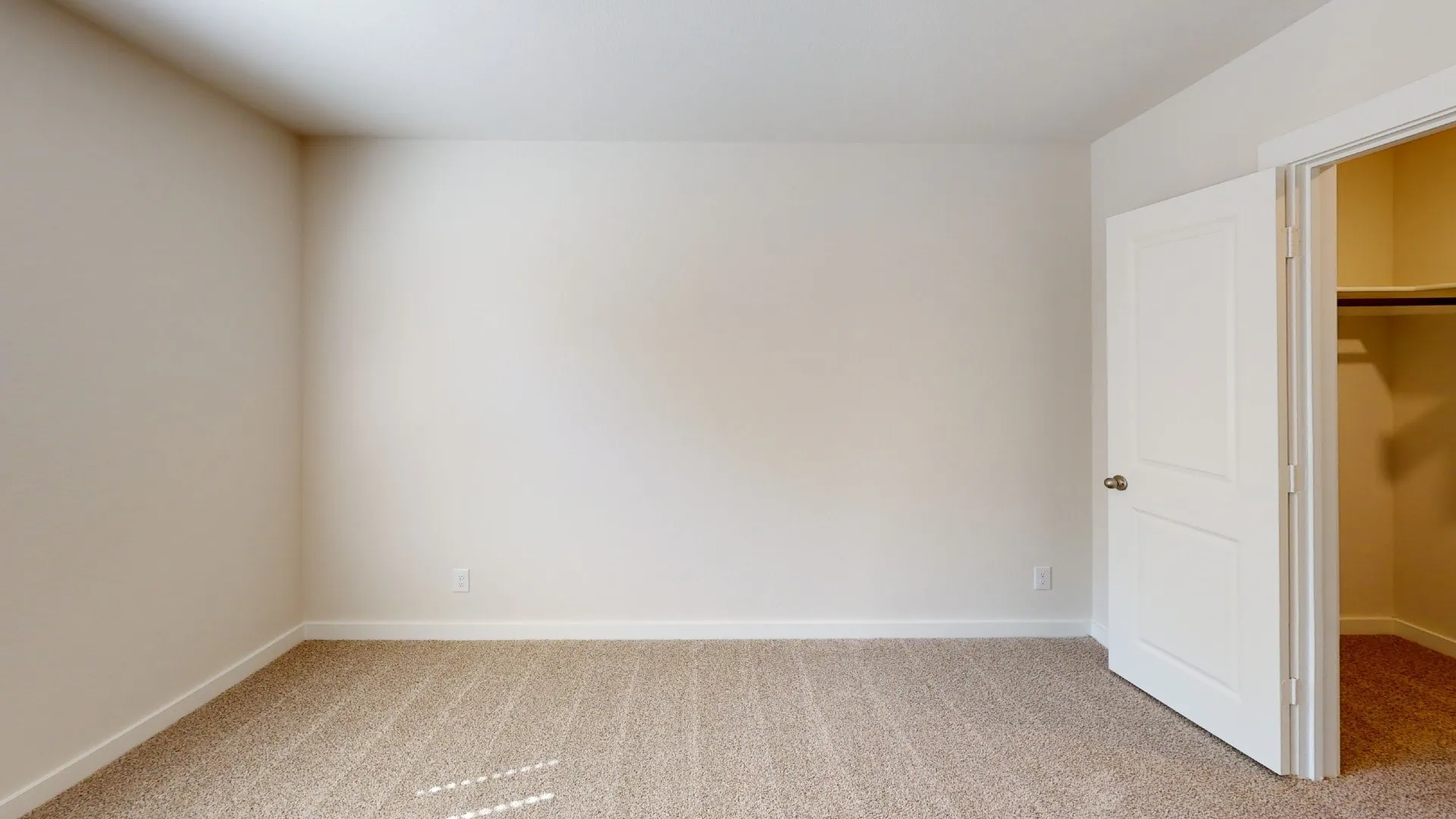 Neutral wall color, carpeted flooring, and a closet with a built-in shelf and rod