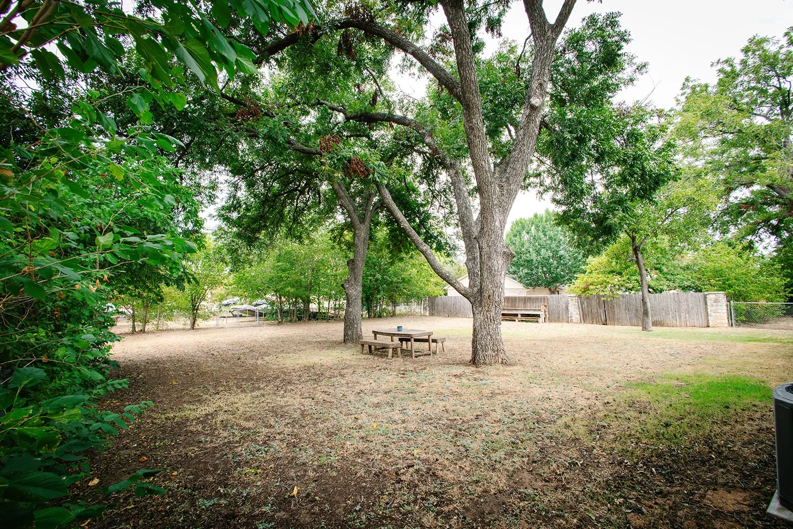 Expansive outdoor space featuring mature trees, a wooden fence, and a chain-link fence