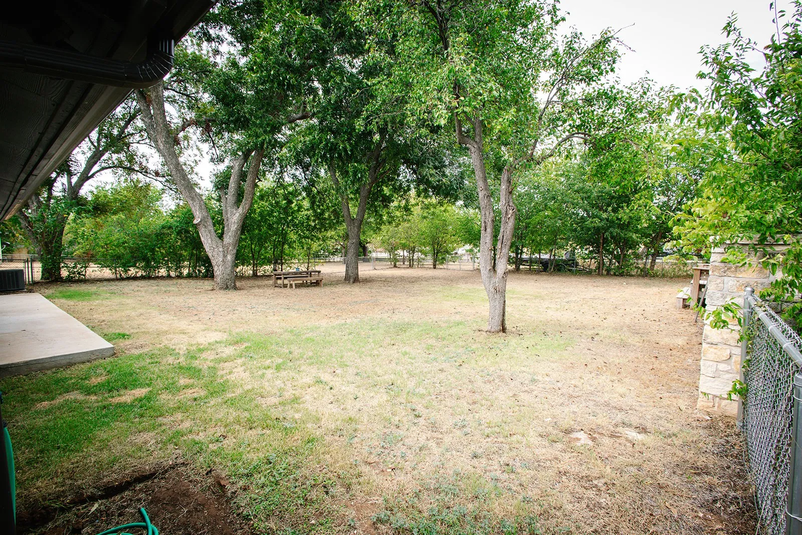 Expansive yard space featuring mature trees and a concrete patio