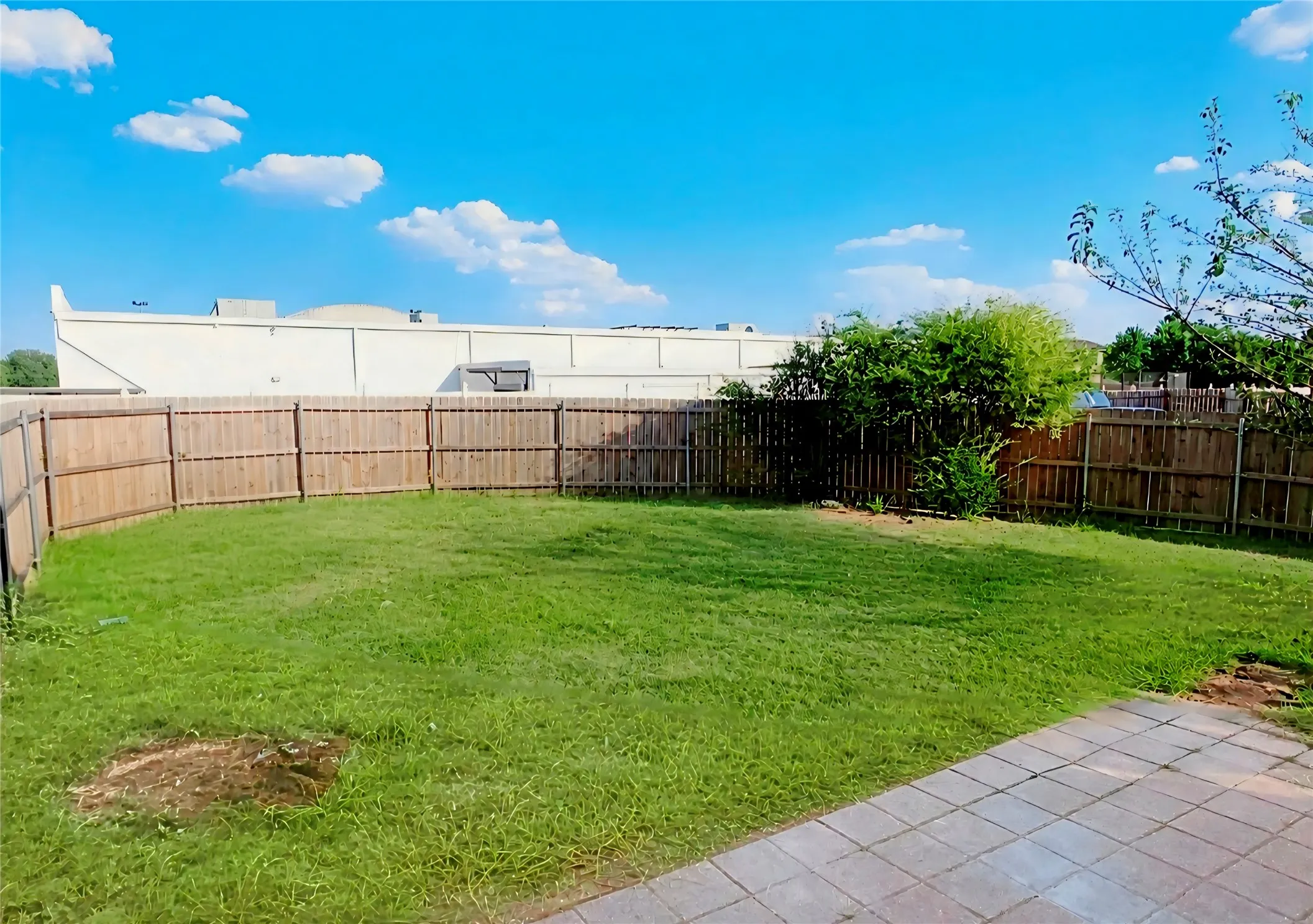 Expansive backyard with a wood privacy fence, a large grassy area, and a paved patio