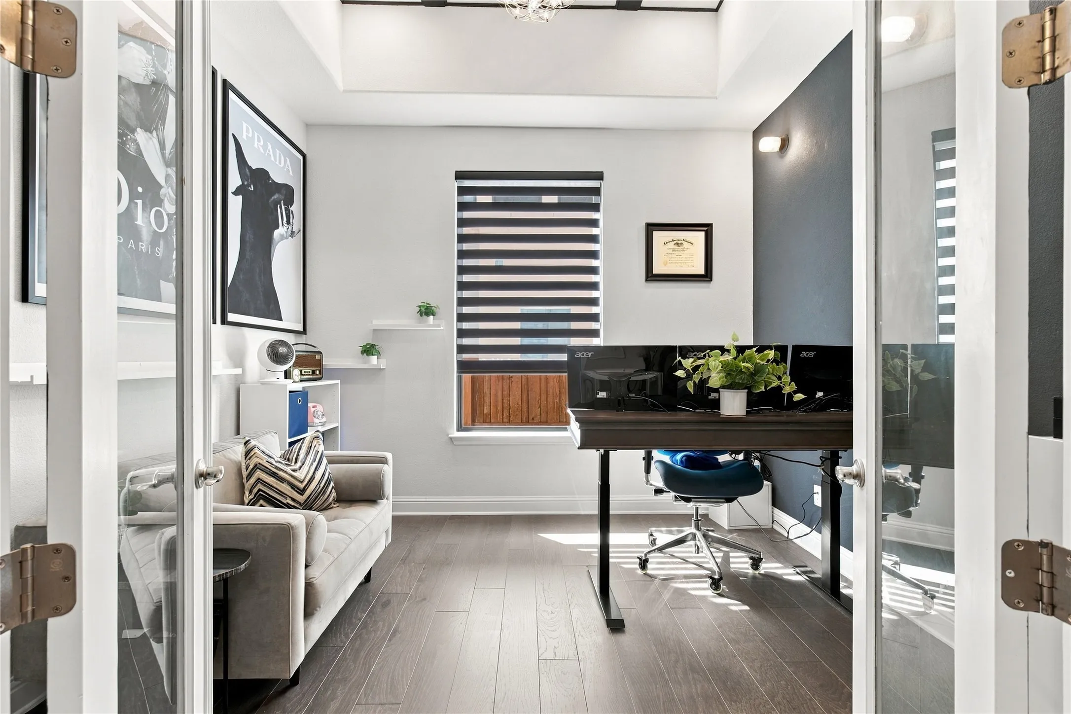 Designated office space with french doors.