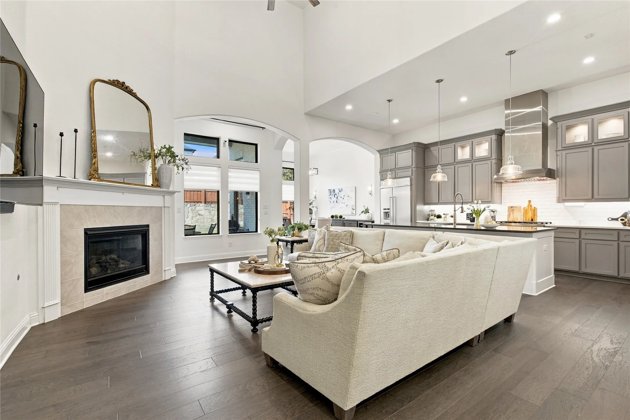 Open floor plan. 20 foot ceilings and gas fireplace.