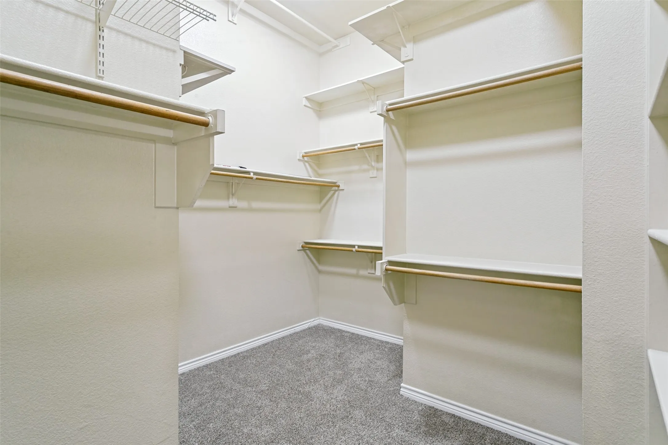 Wall-to-wall carpeting with multiple shelving units and hanging rods