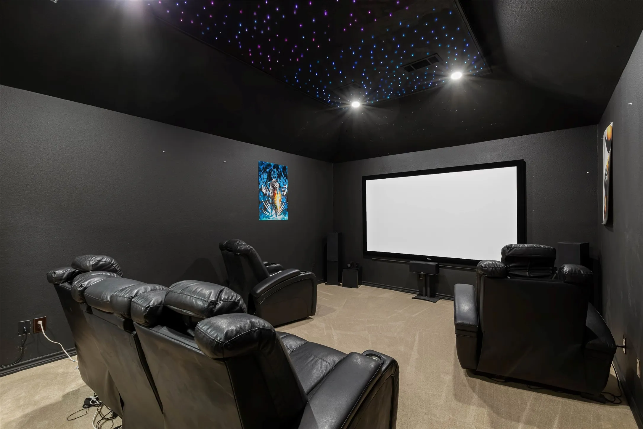 Theater room featuring a large projection screen, dark wall finishes, and a fiber optic star ceiling
