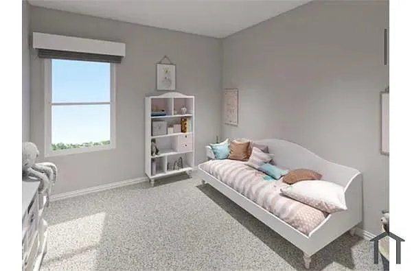 Neutral wall paint, window with roller shade, built-in shelving, light-colored carpet flooring, and white trim