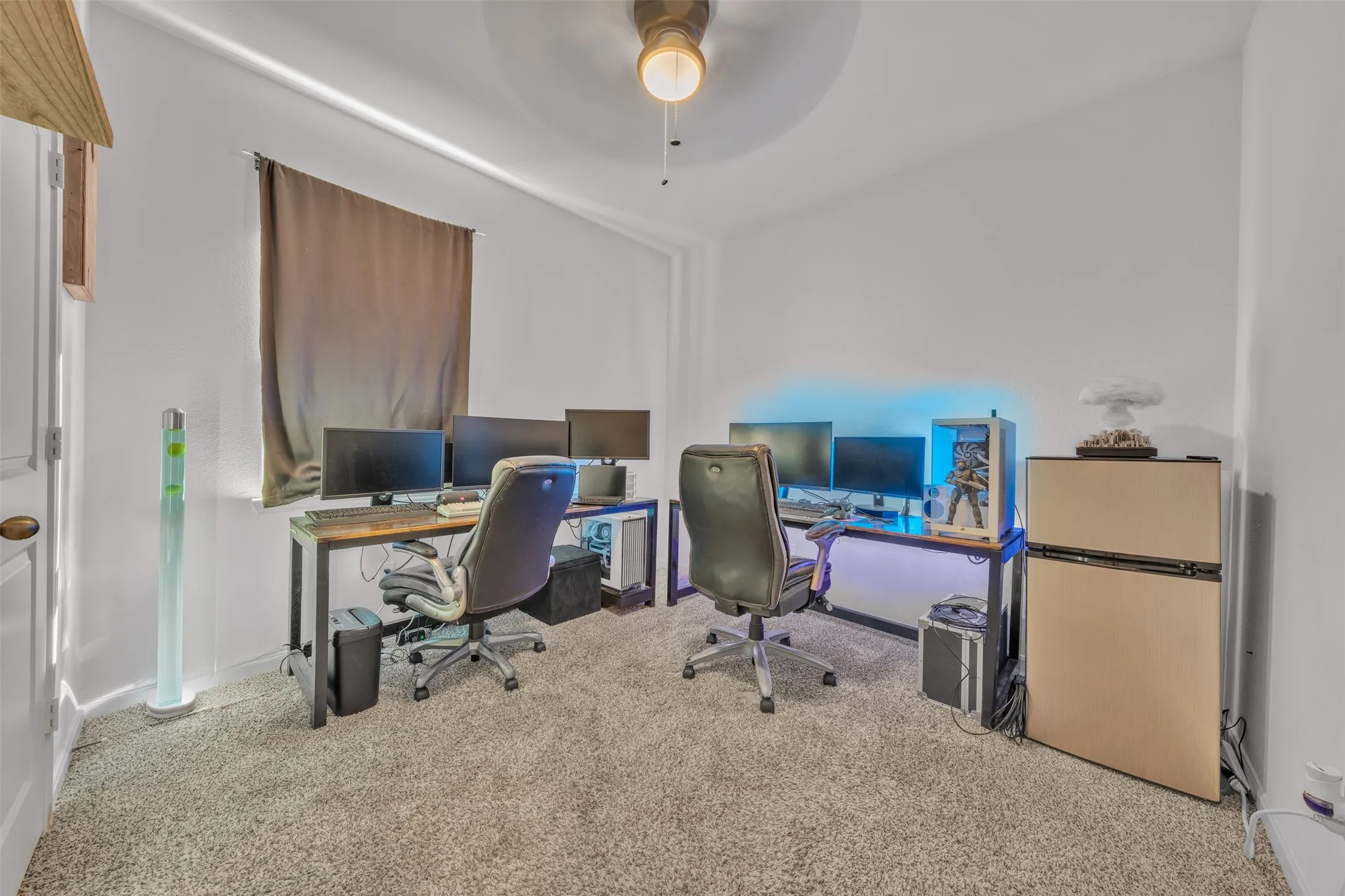 Carpeted flooring, white wall paint, and a ceiling-mounted light fixture