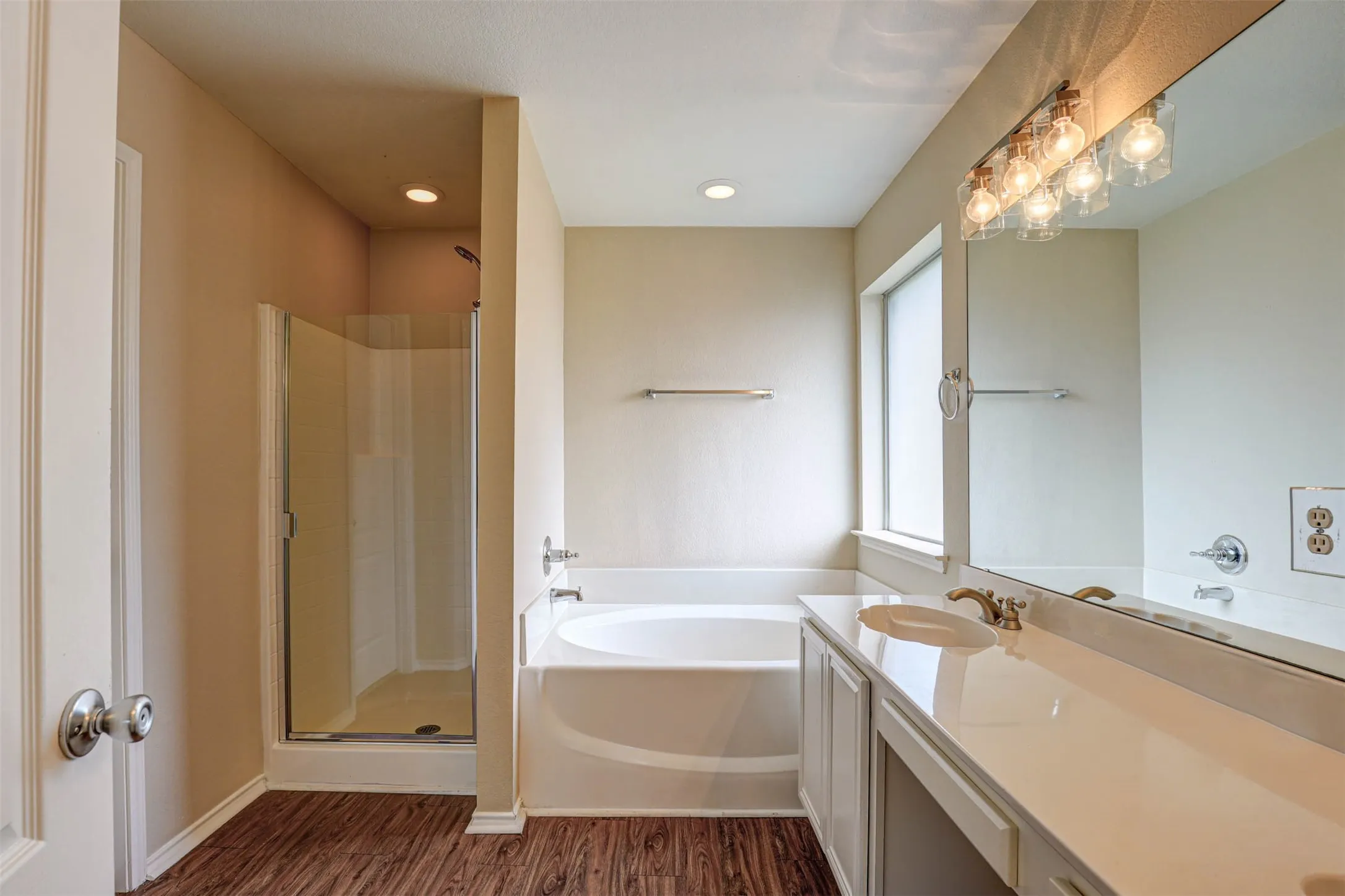 Garden tub and separate shower in the master bathroom