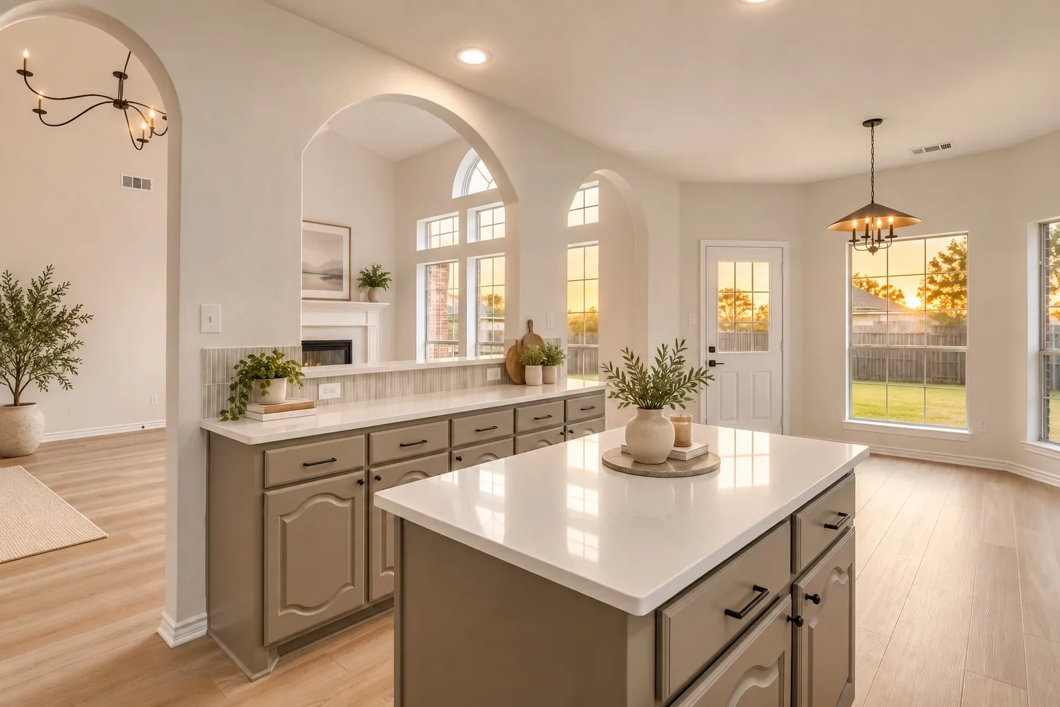 Kitchen island with light-toned countertop, complementing cabinetry, and dark hardware