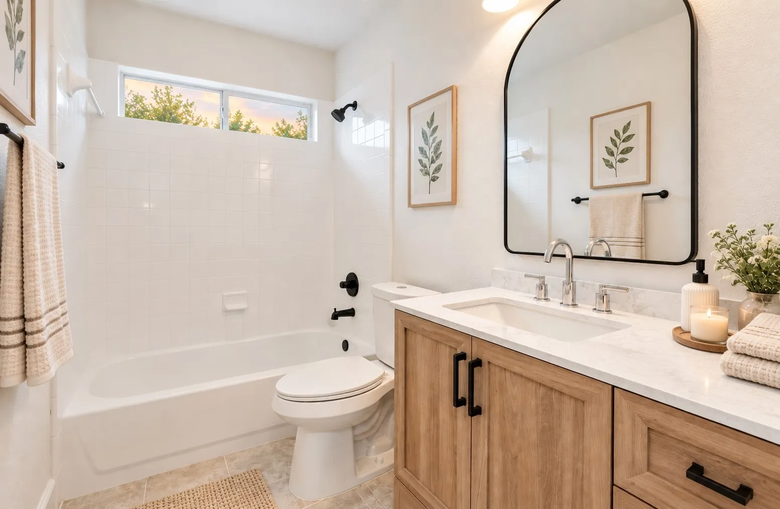 White subway tile bath/shower surround with black fixtures