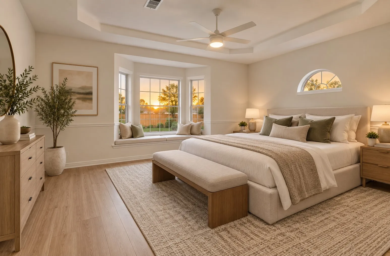 Bay window with integrated seating, recessed ceiling with central fan, wood-finish flooring, and arched transom window