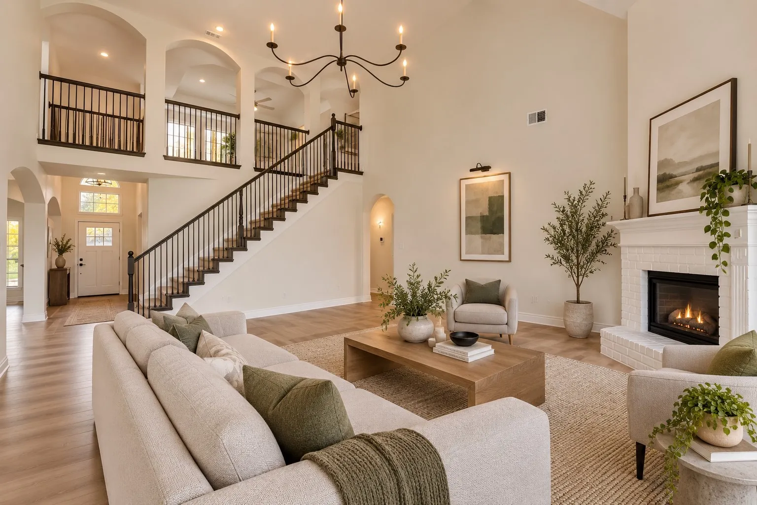 Two-story living area featuring a prominent staircase with dark wood banister, a white brick fireplace, wood-finish flooring, and arched doorways