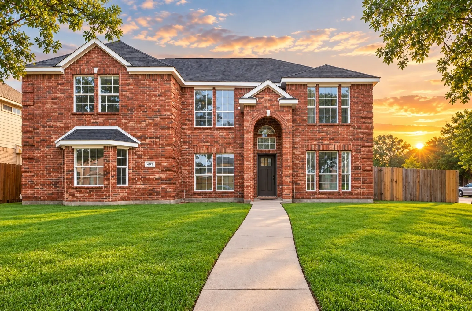 Red brick exterior with white window trim and a dark roof