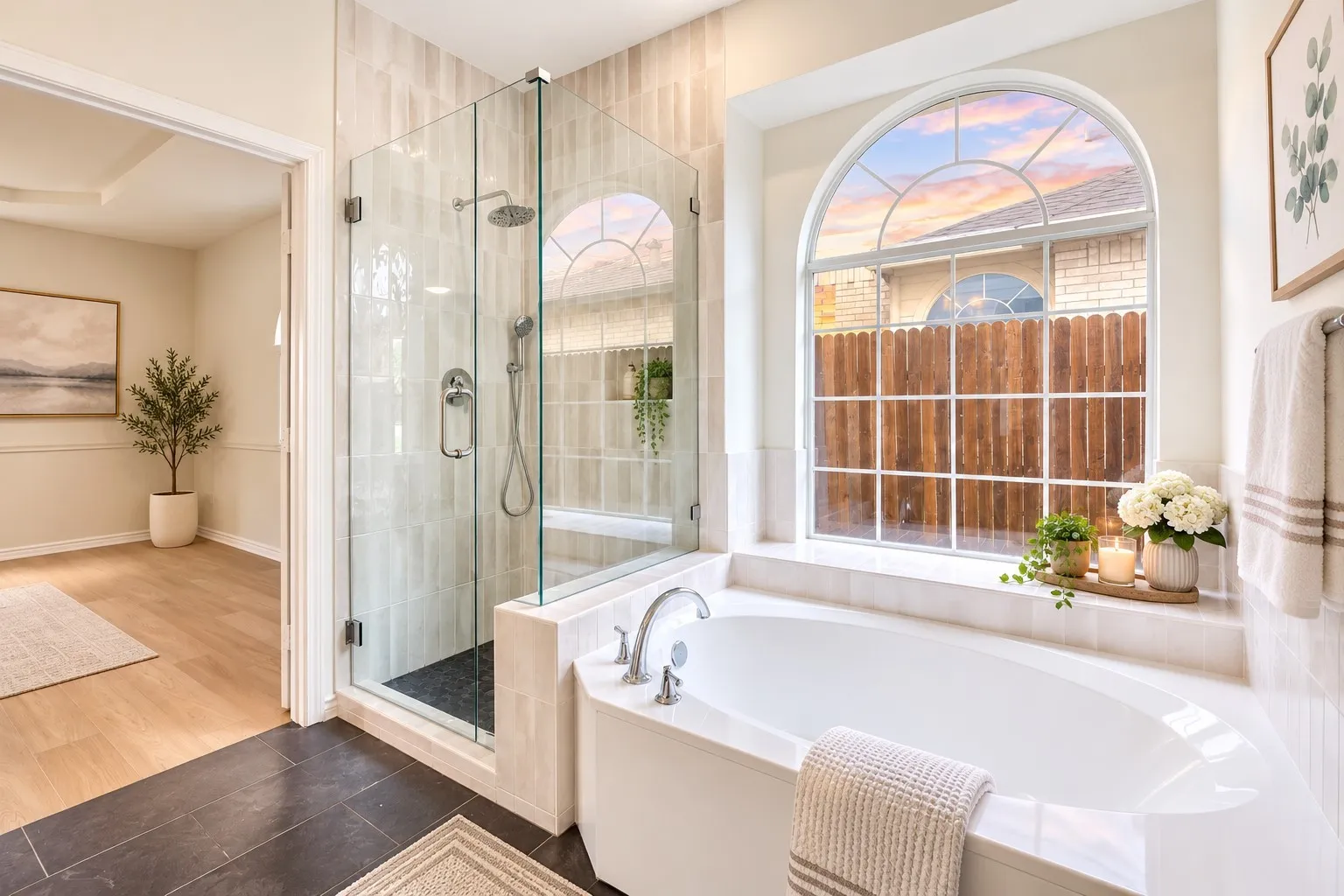 Glass-enclosed shower with a rainfall showerhead, separate soaking tub, arched window, and dark-toned tile flooring