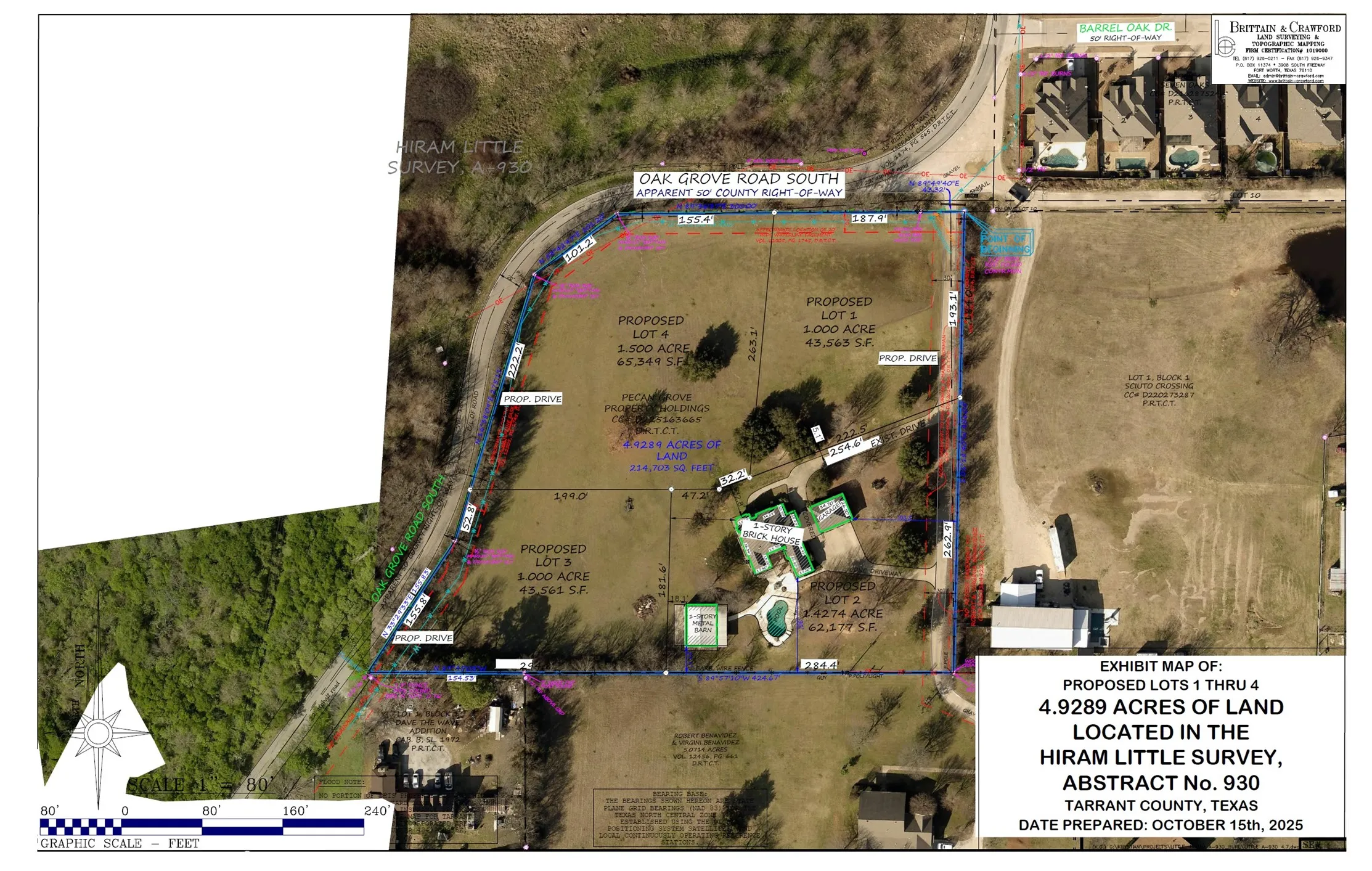 Exhibit Map. Displaying the proposed subdivision of a 4.9289-acre parcel into four lots within the Hiram Little Survey, Tarrant County, Texas
