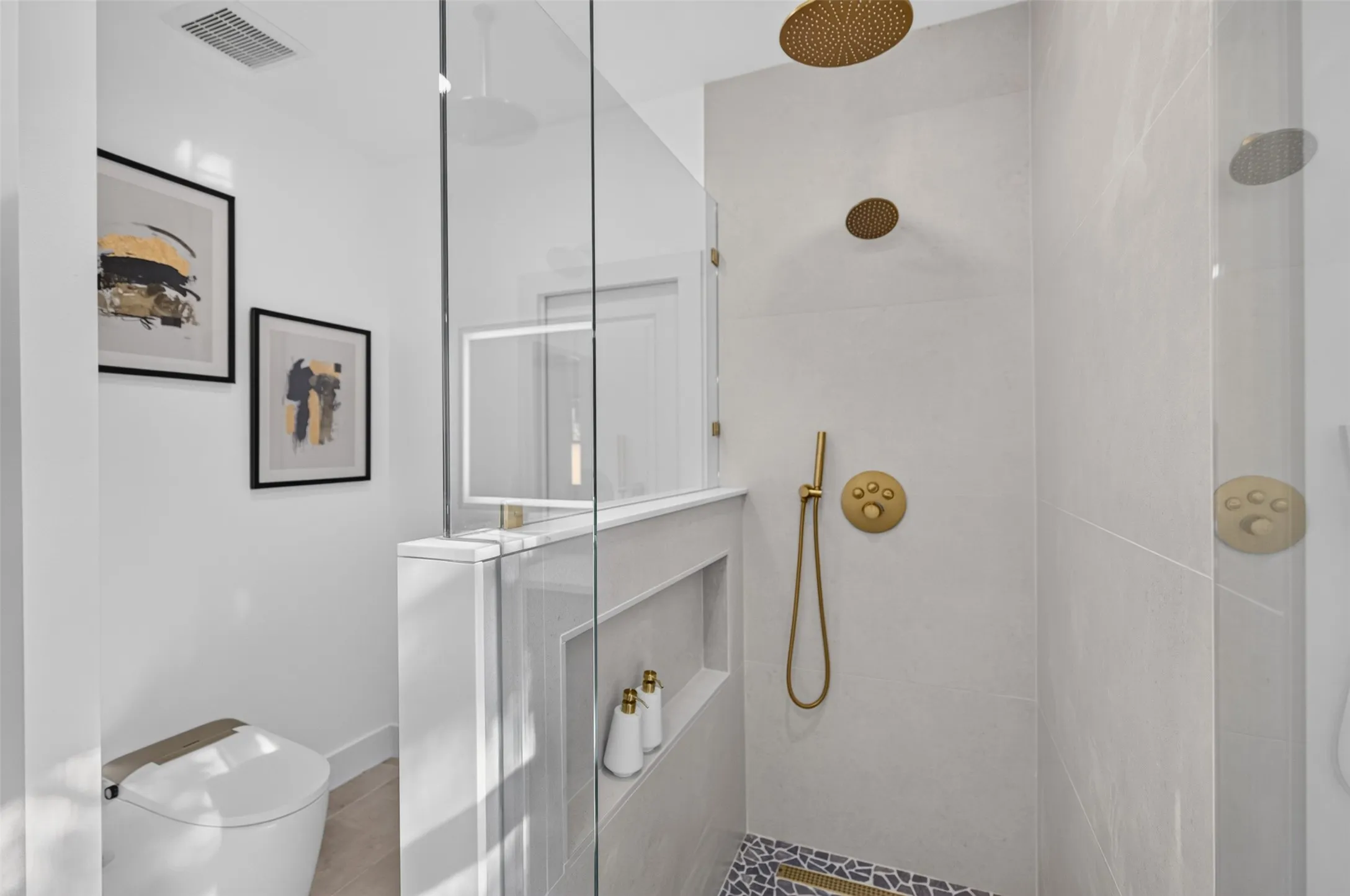 Dual shower head with hand wand and built in niche