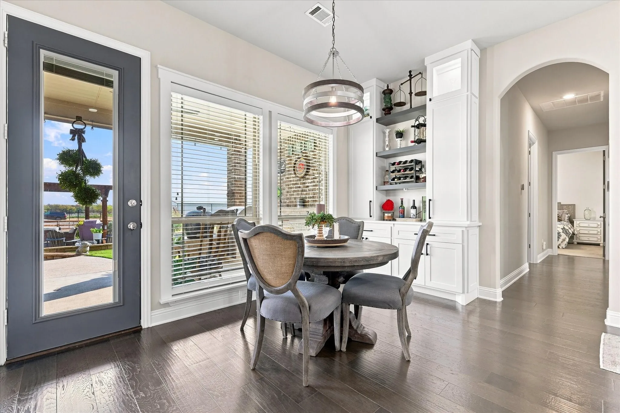 Dark wood-finish flooring complements the interior space