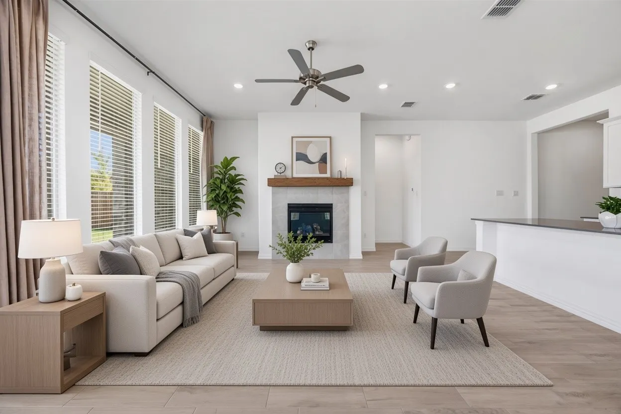 VIRTUAL STAGE ONLY! Living room with fireplace.