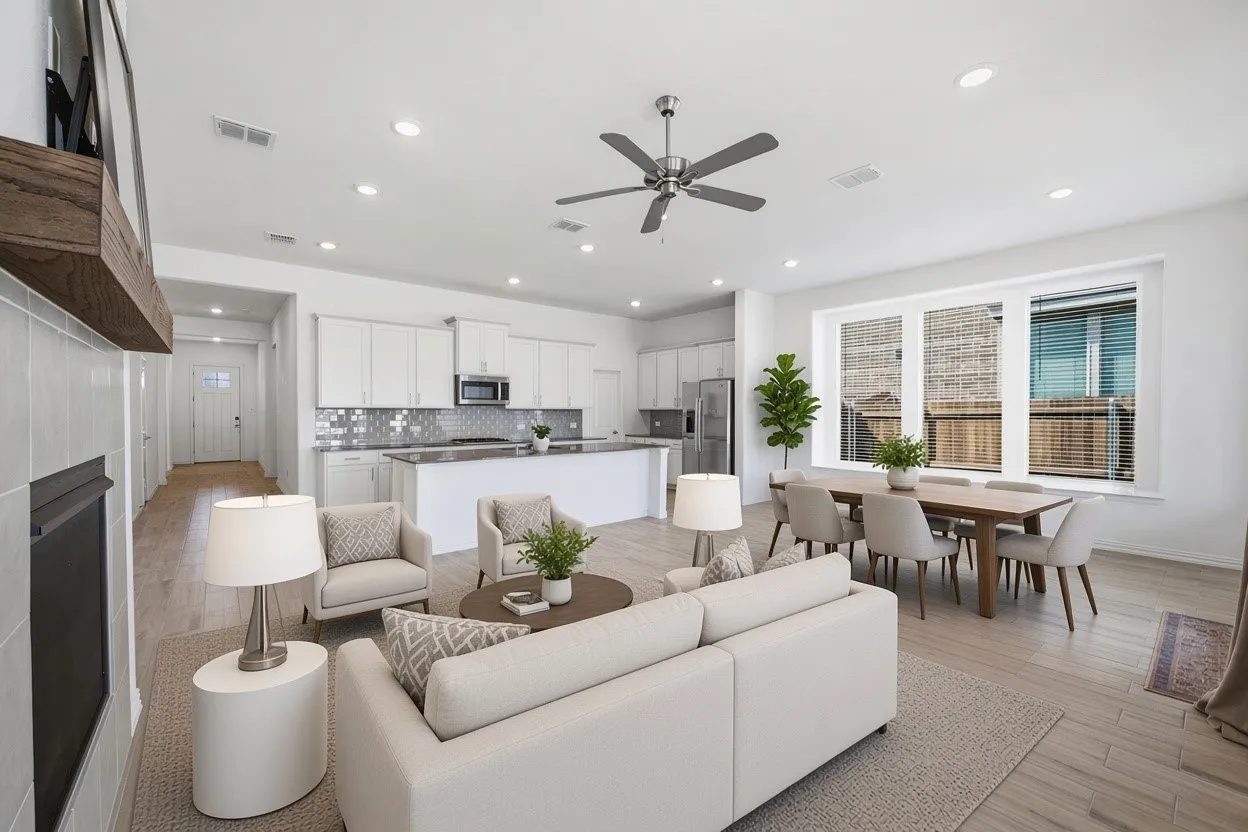 VIRTUAL STAGE ONLY! open floor plan, living, dining, and kitchen