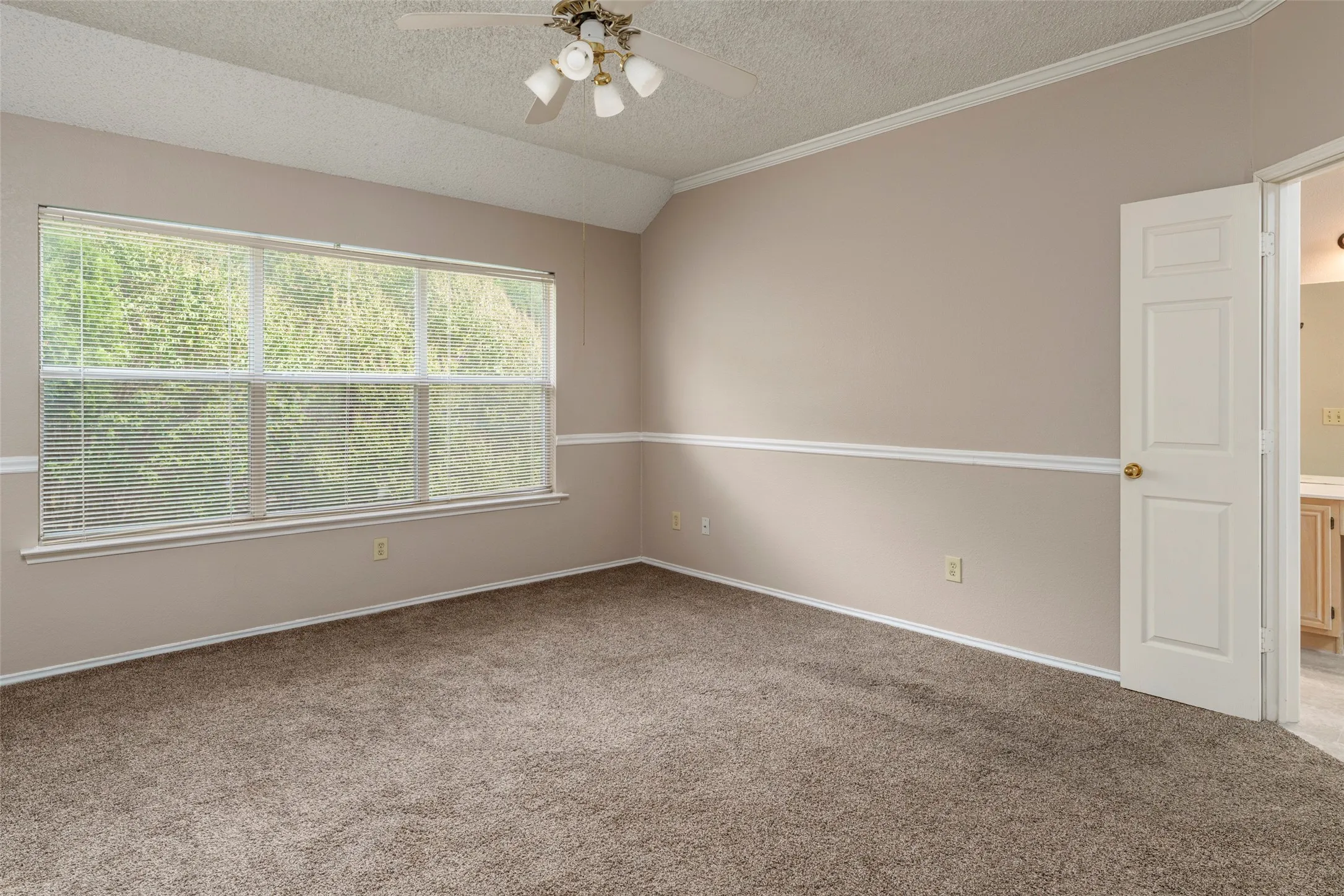 Vaulted ceiling with ceiling fan, large window with blinds, chair rail molding, and carpet flooring
