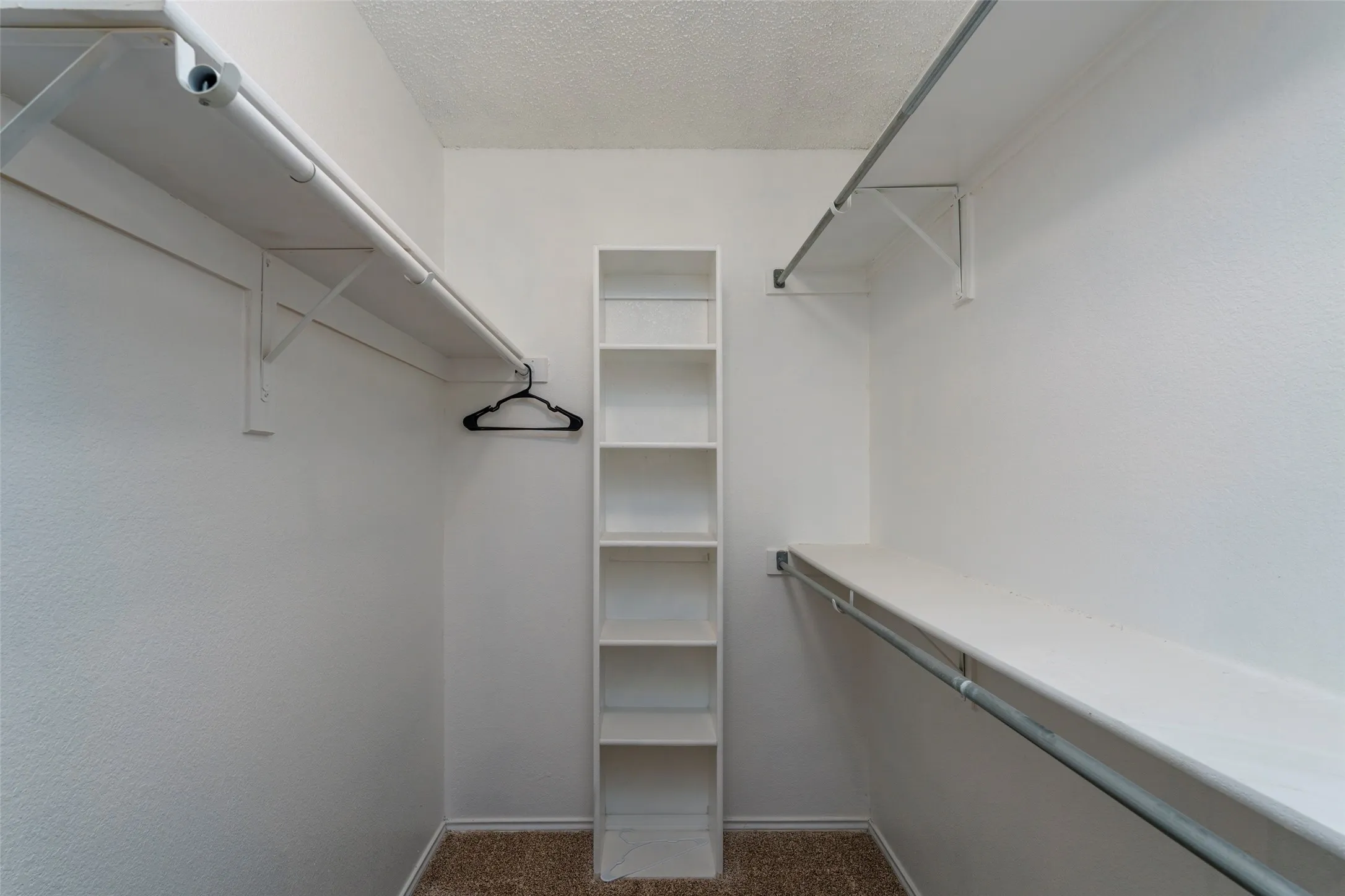 Walk-in closet featuring built-in shelving, white walls, and a textured carpeted floor