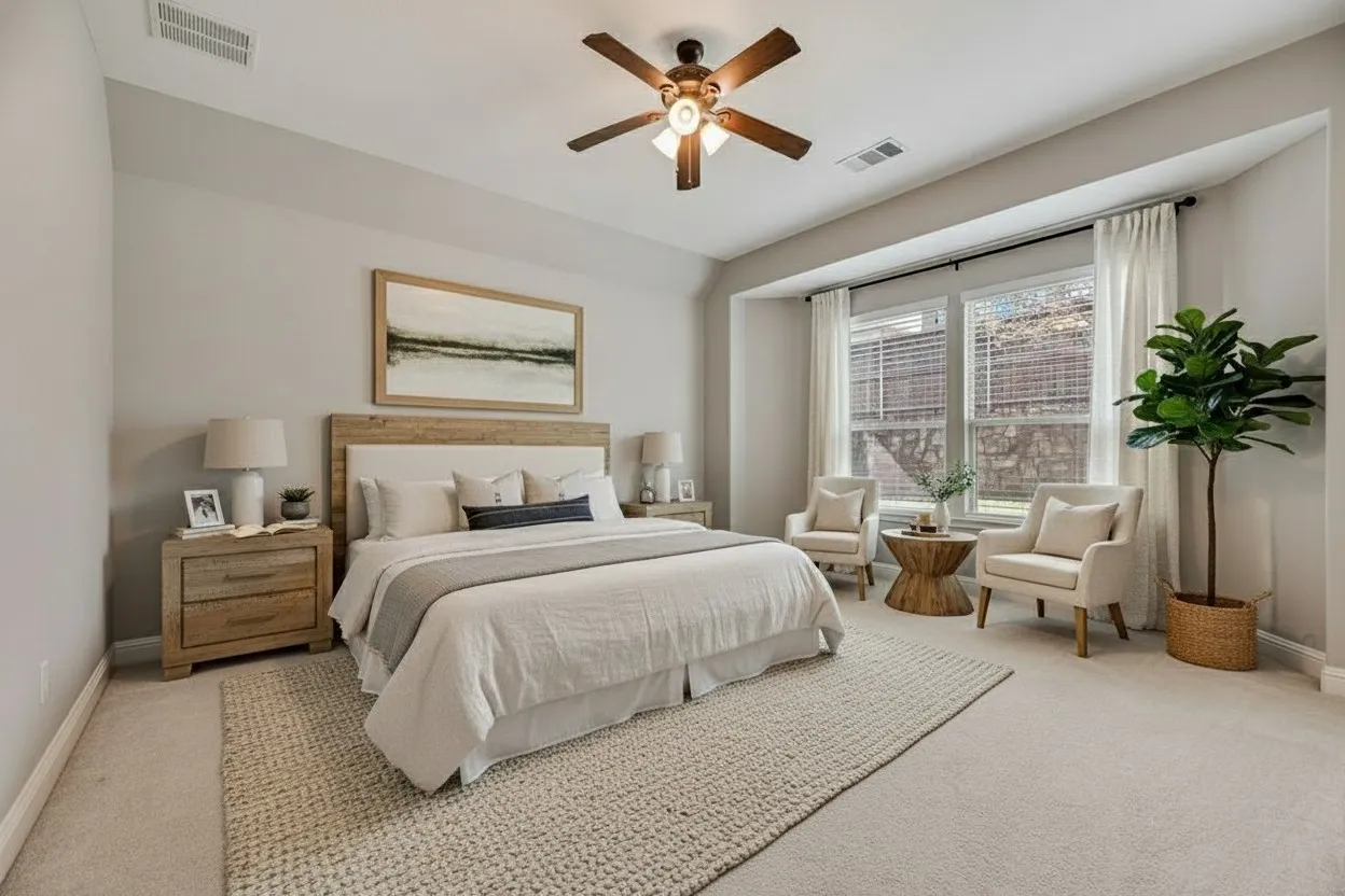 Primary bedroom has been virtually staged to showcase potential décor and layout options.