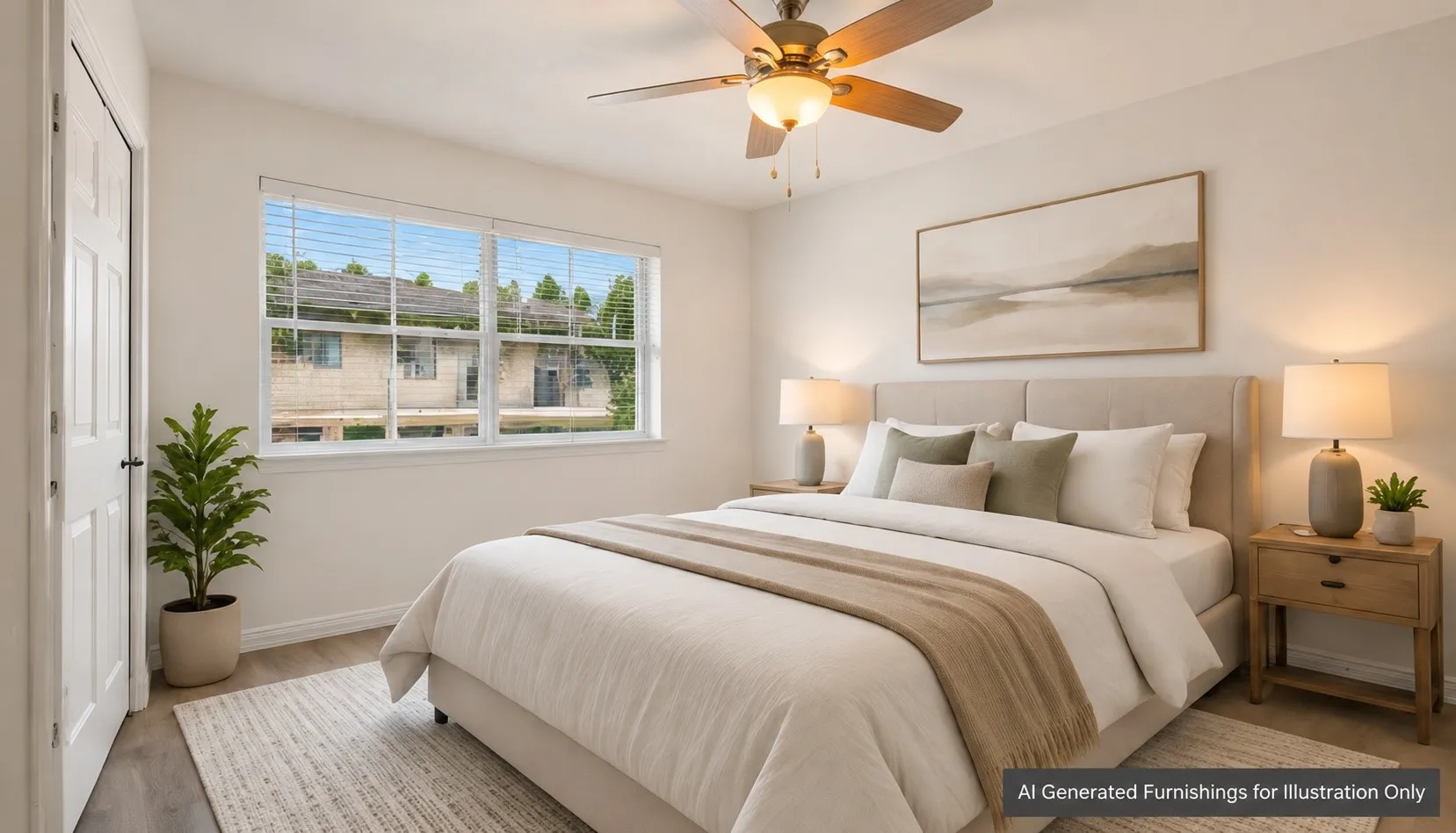 AI staging of primary bedroom with large window and ceiling fan.