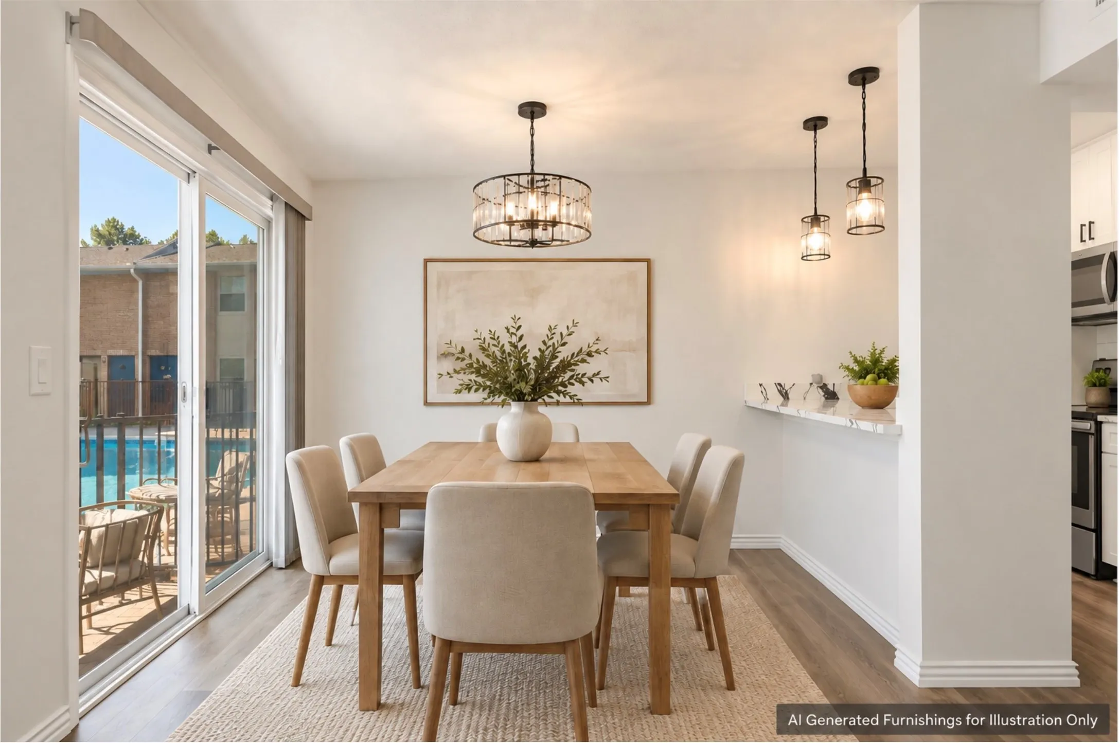 AI staging of dining area overlooking the community pool and courtyard.