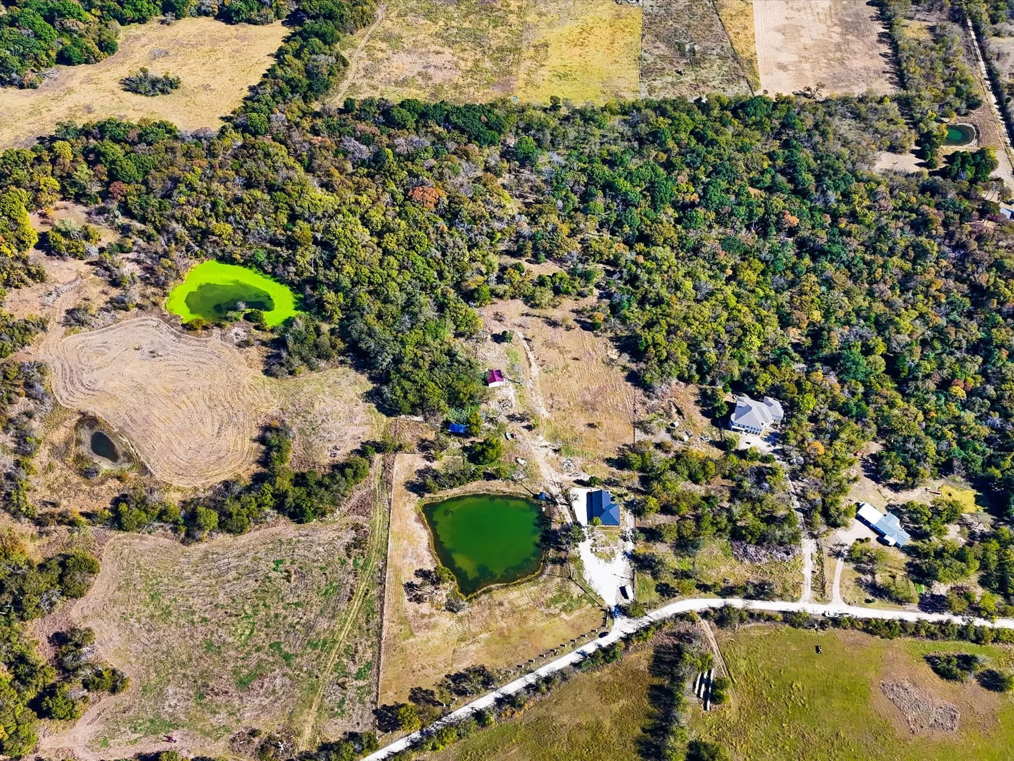Expansive acreage featuring multiple ponds, abundant tree cover, and open land areas