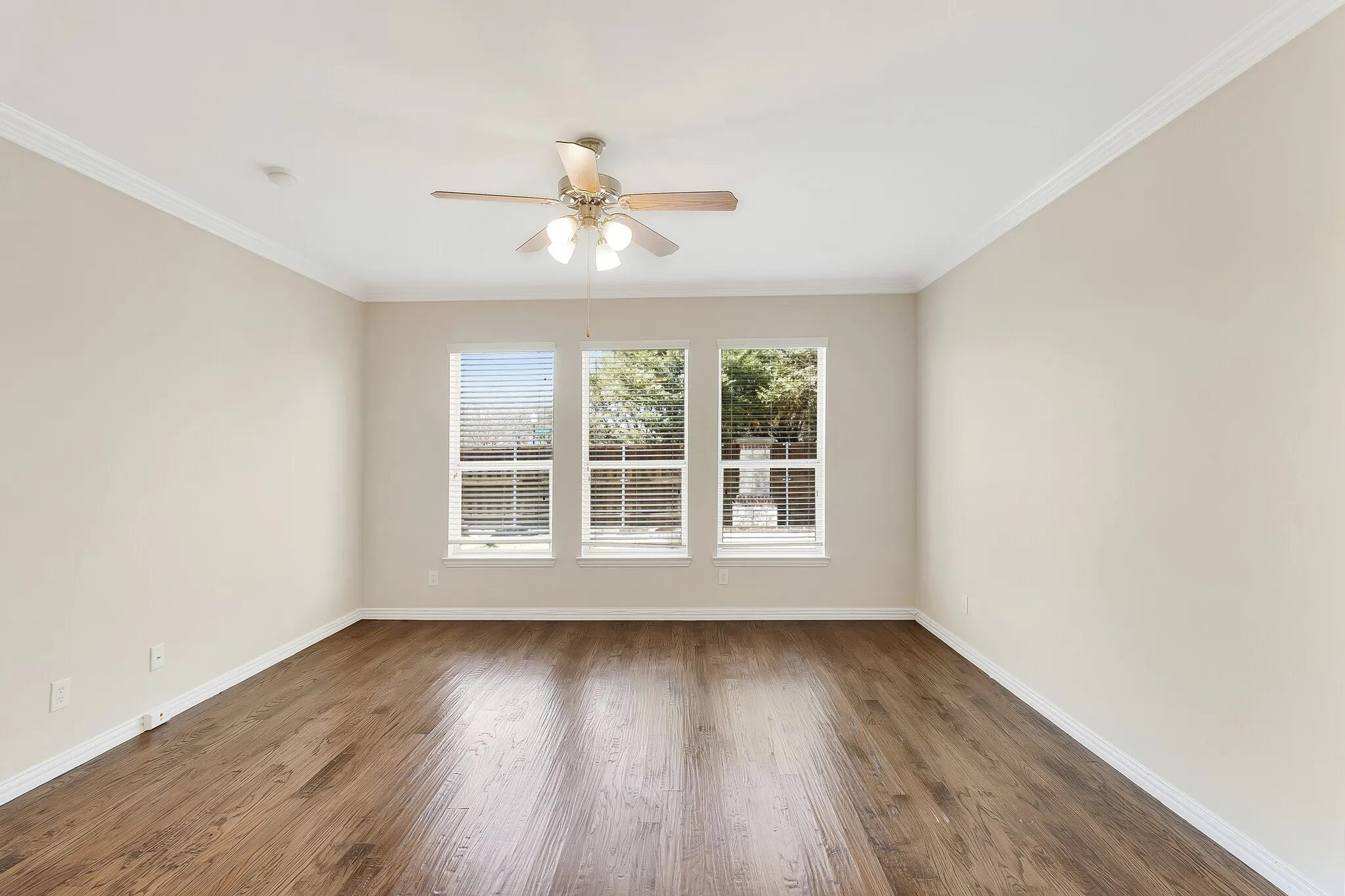 Wood-finish flooring, crown molding, ceiling fan, and multiple windows