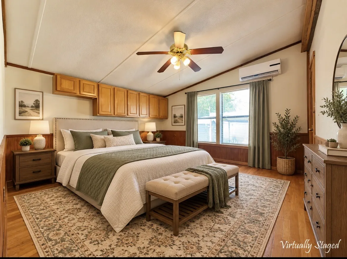 Wood-finish flooring with wood paneling accents