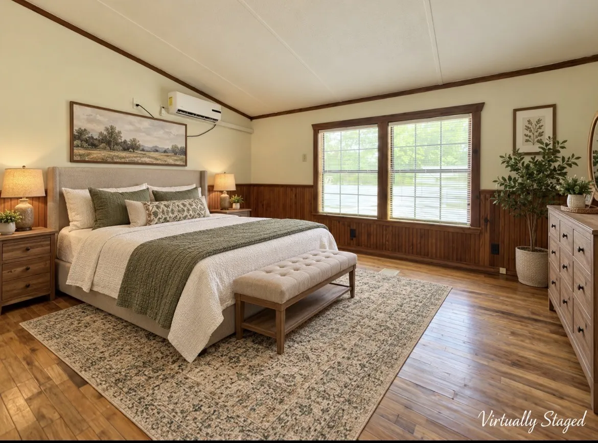 Wood-finish flooring, paneled wainscoting, and a window air conditioning unit