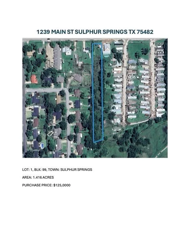 Unimproved Land For Sale in Hopkins County , 1239 Main Street, Sulphur Springs, Texas 75482, 0, 0, Garage spaces, 0 Sqft, built in 0, mls#21379848, Real Estate Agent in Sulphur Springs, Homes For Sale in Hopkins county, Homes For Sale in Sulphur Springs, Realtor in Sulphur Springs Texas, Real Estate Brokerage Independent Realty Texas, Luminita Cordes Realtor