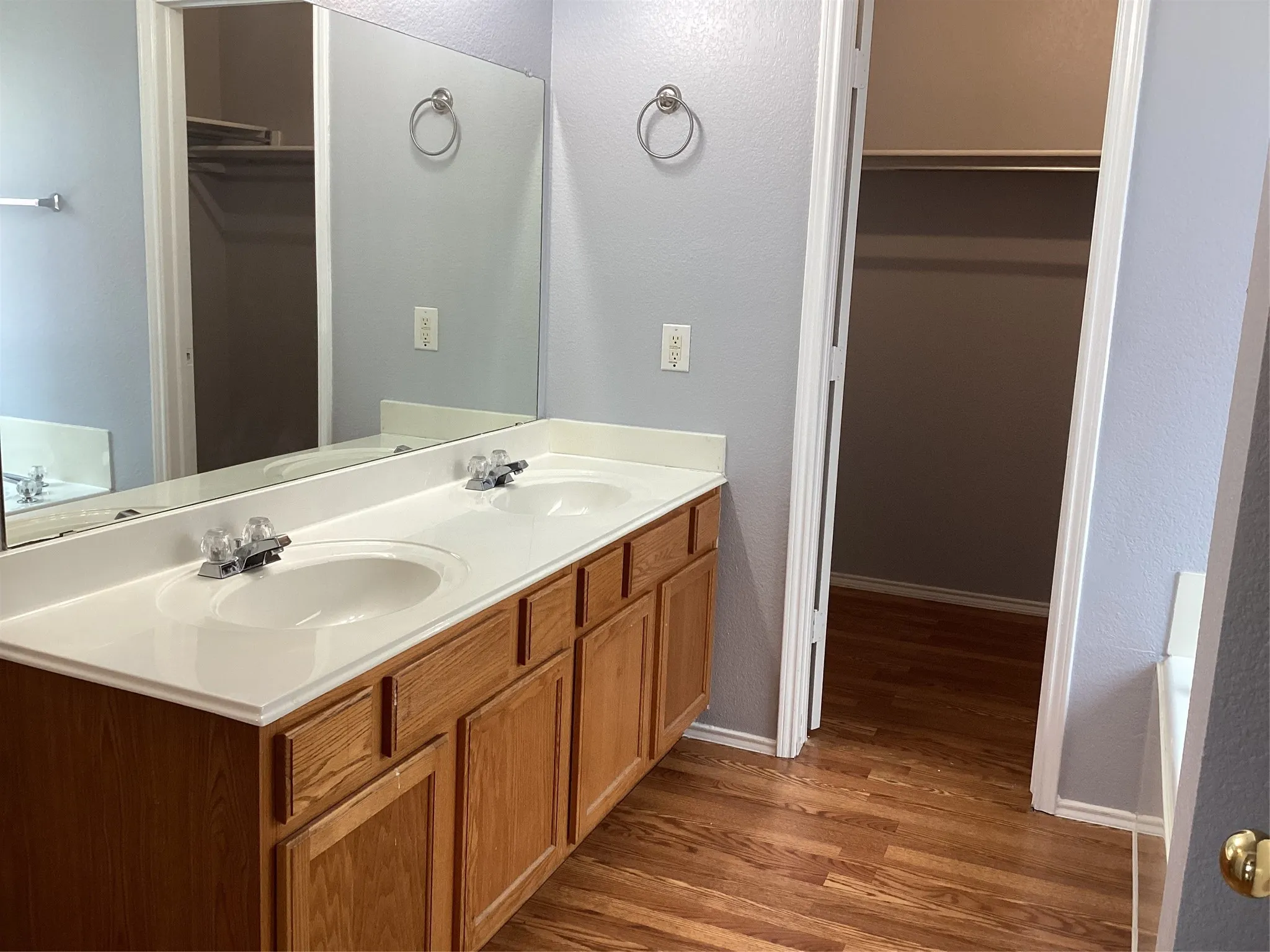 Wood-finish flooring with a dual sink vanity, large mirror, and wood cabinetry