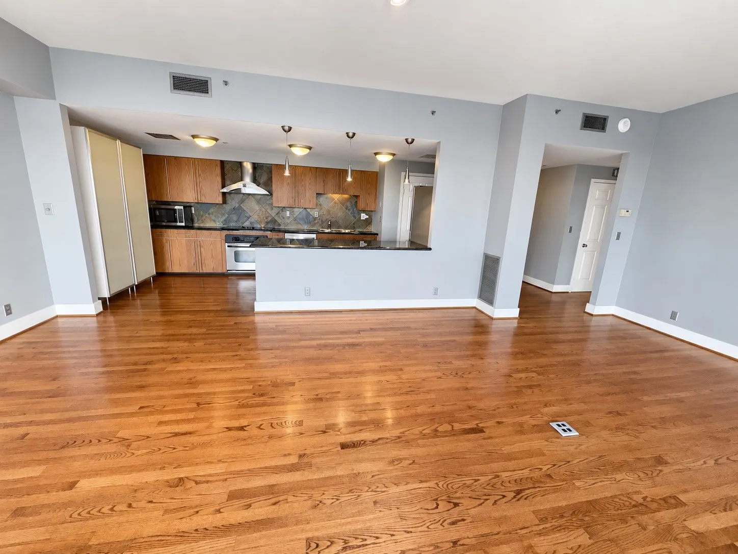 Expansive living area with wood-finish flooring