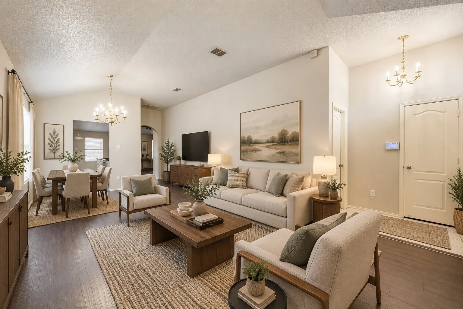 Wood-finish flooring throughout, vaulted ceiling, and recessed lighting