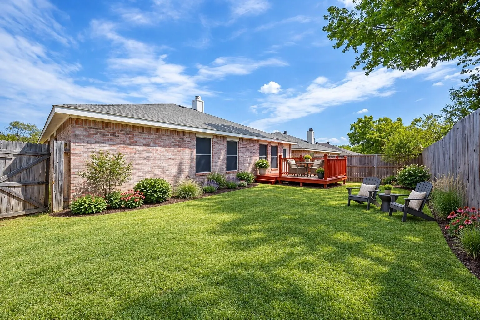 Expansive lawn with a wooden privacy fence, brick exterior, and a red-stained wood deck