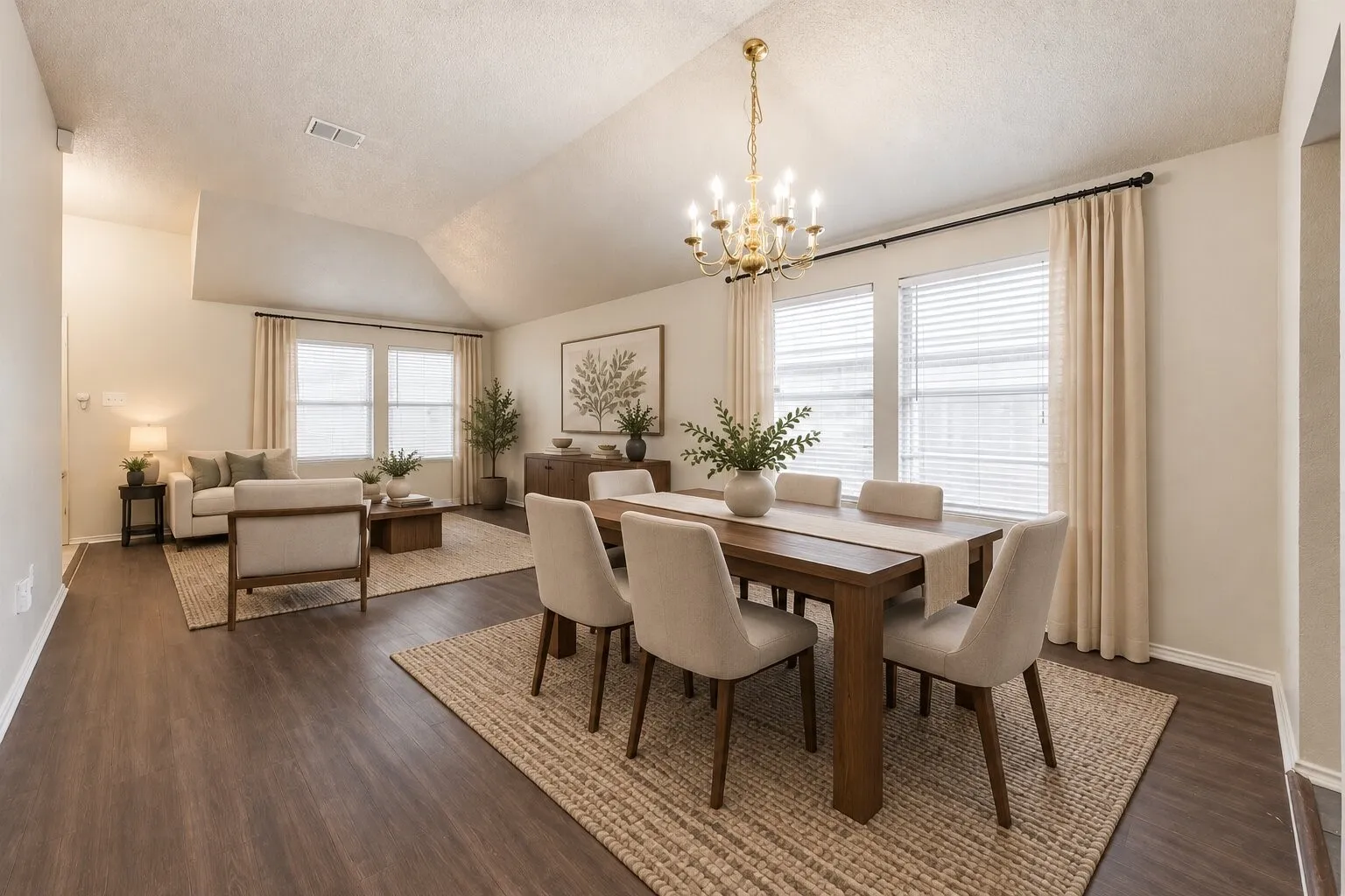 Vaulted ceiling, wood-finish flooring, multiple windows, classic chandelier, and neutral wall tones