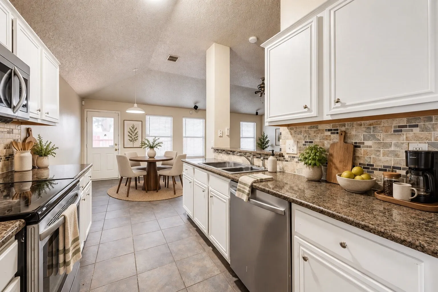 Kitchen featuring white cabinetry, granite countertops, a tile backsplash, and stainless steel appliances