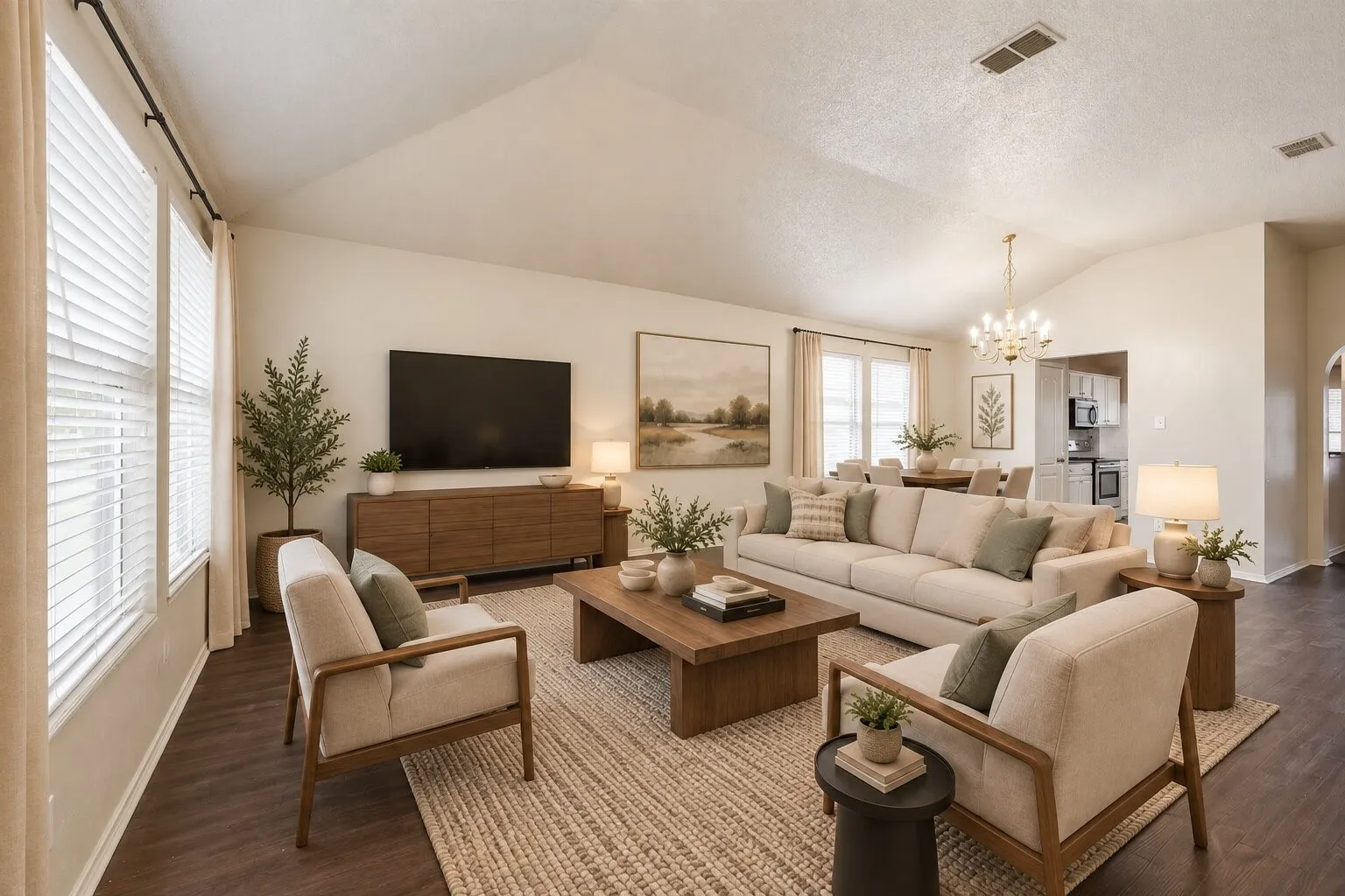 Vaulted ceiling with an open-concept layout, durable wood-finish flooring, and white window blinds