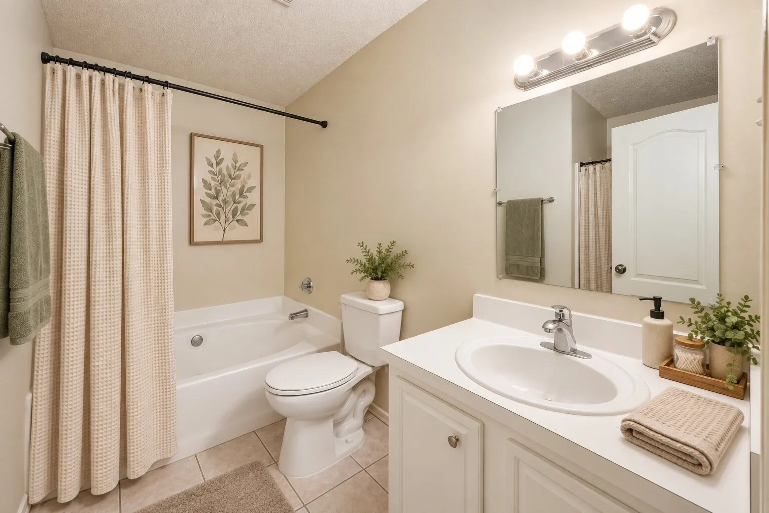 Bathroom featuring a vanity with an integrated sink, a full-width mirror, and a built-in tub with shower capabilities