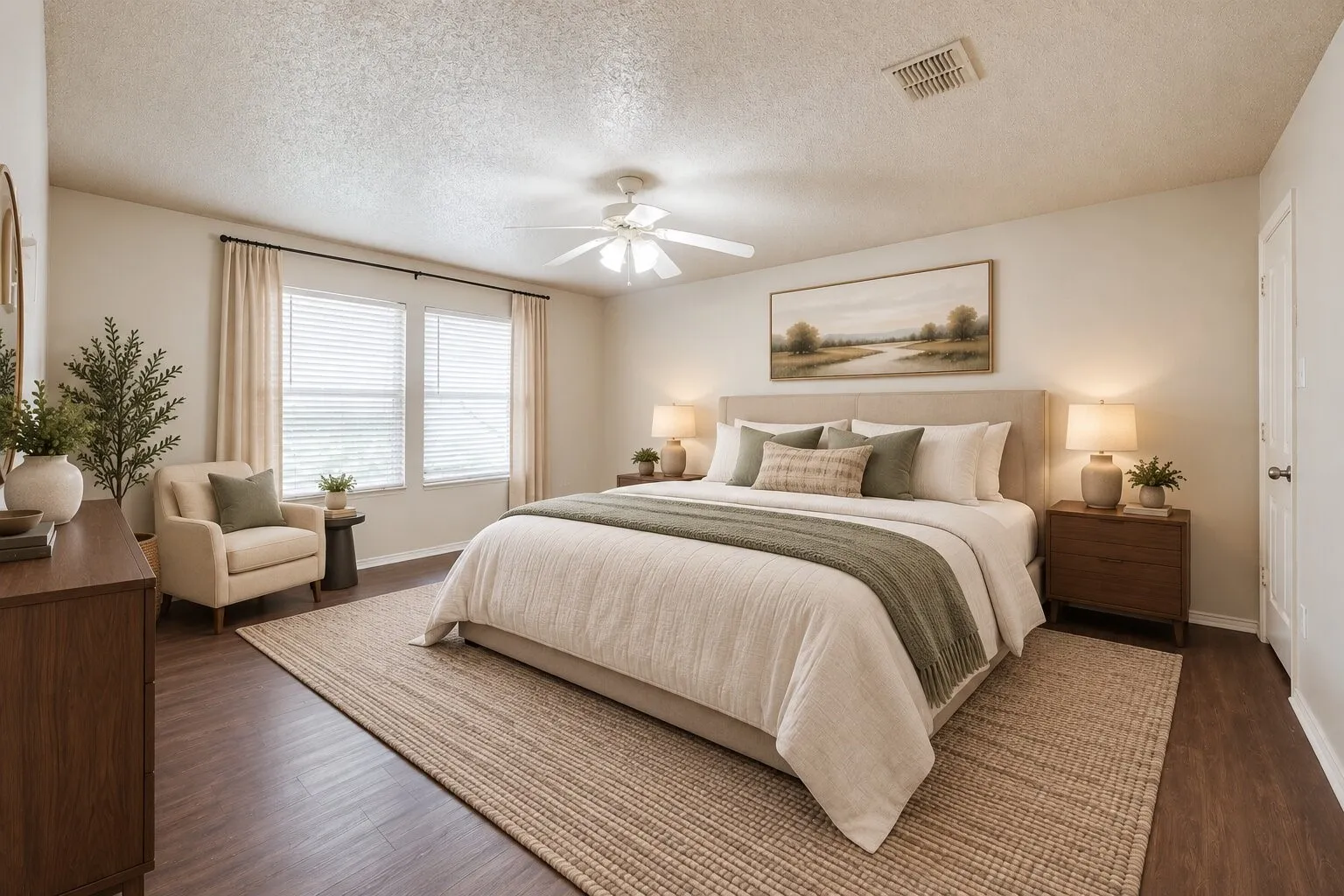 Wood-finish flooring, dual windows with blinds, a ceiling fan, and a neutral color palette