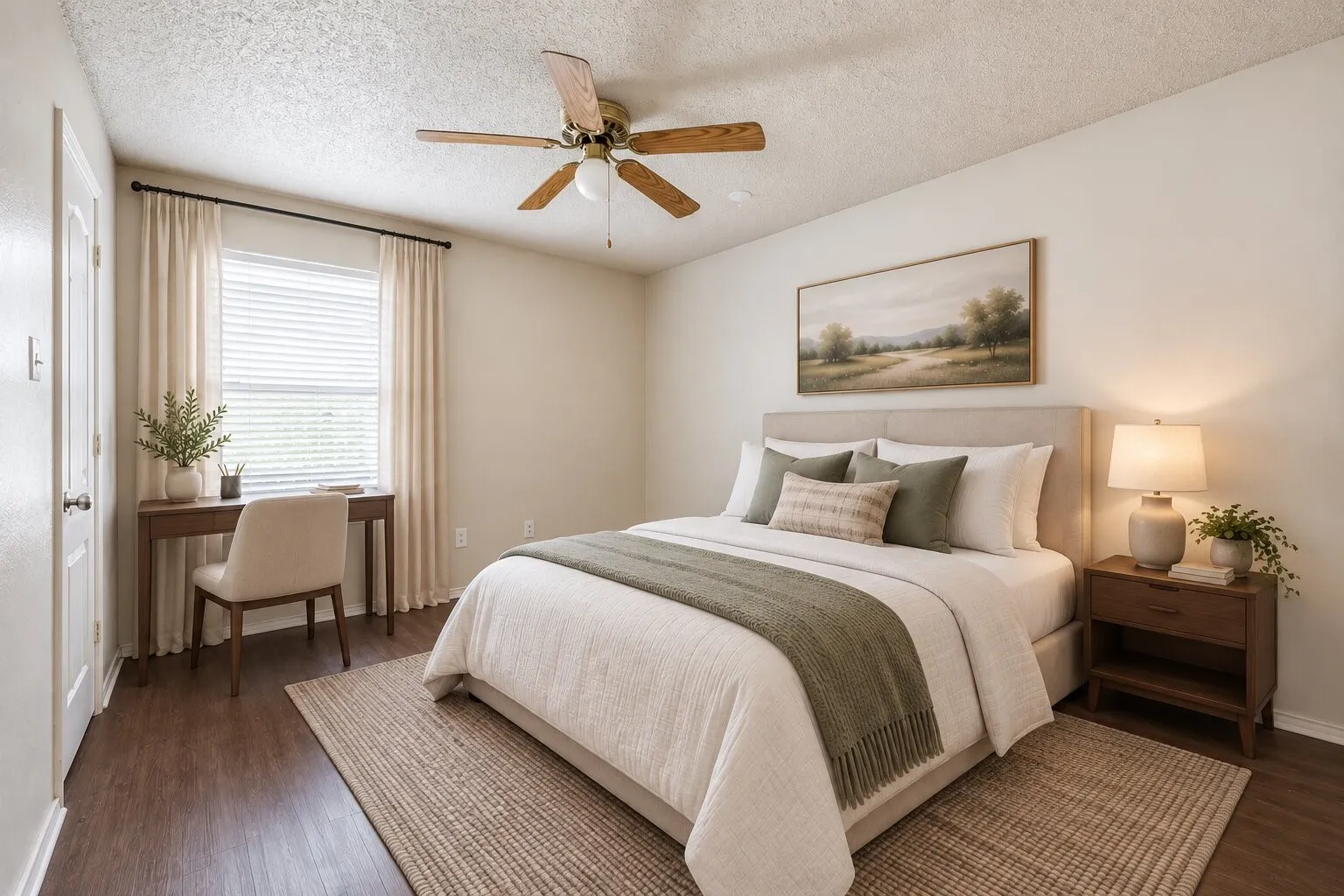 Wood-finish flooring, ceiling fan with light fixture, window with blinds, neutral wall tones, and a built-in closet with a white panel door