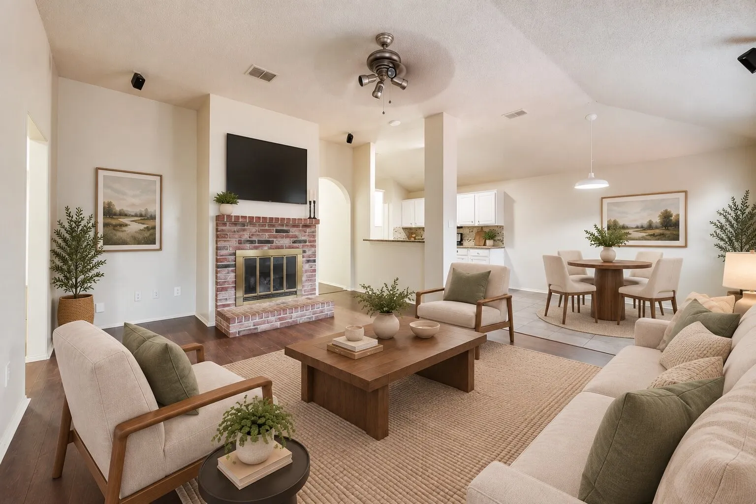 Living area featuring wood-finish flooring, a brick fireplace with a hearth, and an overhead ceiling fan